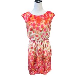 Eliza J Pink Orange & Tan Watercolor Dress Faux Wrap Elasticized Waist (4) EUC